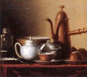 unknow artist, Still life of a chocolate pot,teapot,sucrier,bowl,teajar,tea cups and saucers,and silver spoons,all upon a draped table top